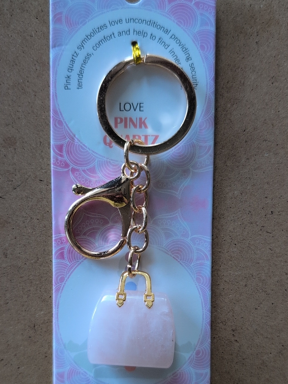 Love Gold-Tone Keyring with Pink Quartz Purse Charm